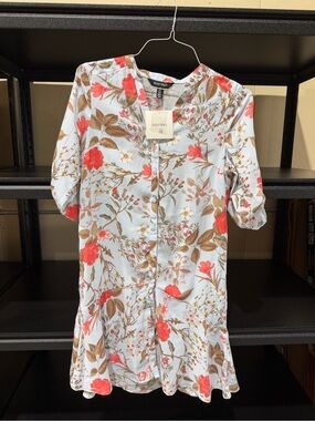 Ellen Tracy Light Blue Floral Mini Dress with Coral and Brown Accents